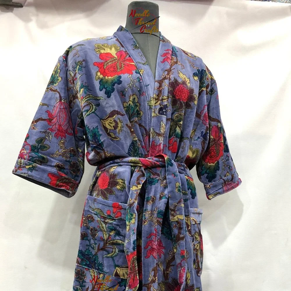 Floral Print Velvet Kimono Luxury Jacket, Party Boho Robe Lounge Wear - Unisex - Picture 10 of 16